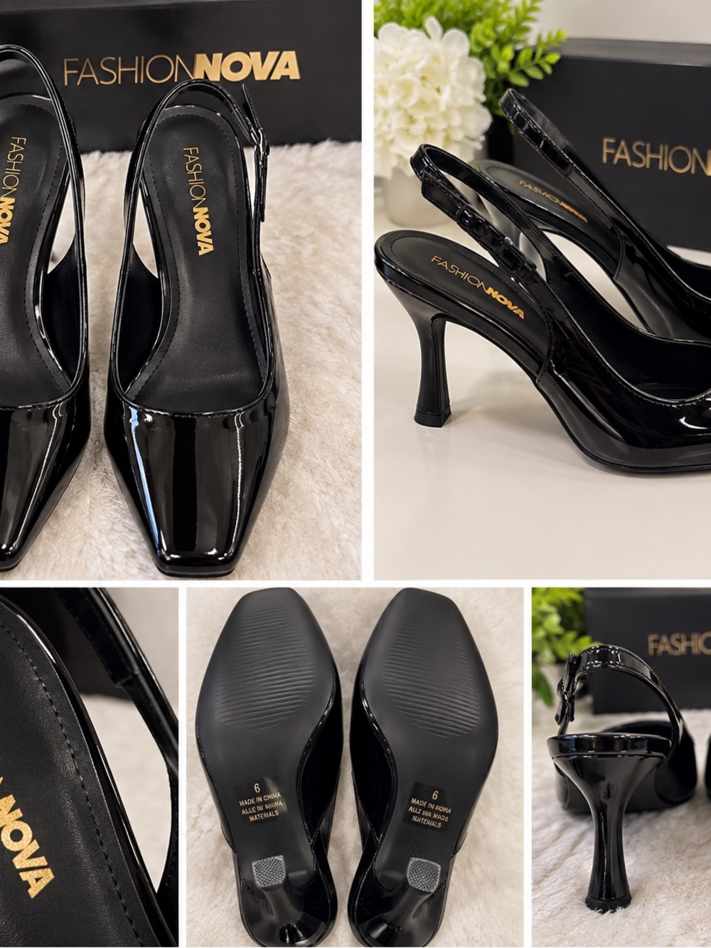 Fashion Nova Black Patent Slingback Pointed-Toe Heels